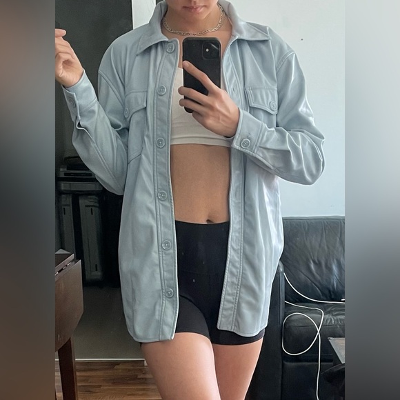 Baby blue vegan leather shirt, size small and fit oversize - Picture 1 of 1
